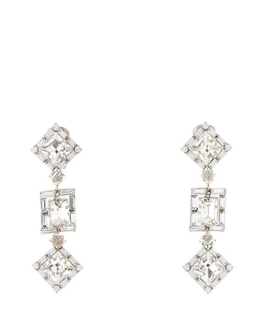 Alessandra Rich White Crystal Square Earrings With Pendant