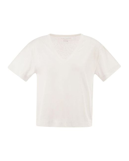 Majestic White Stretch Linen T Shirt With V Neck