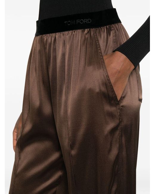 Tom Ford Brown Cinnamon-Colored Stretch Silk Satin Pajama-Style Trousers With Velvet Waistband And Embroidered Logo