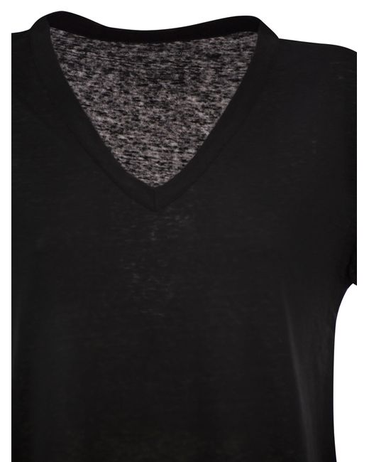 Majestic Black Stretch Linen T-Shirt With V-Neck
