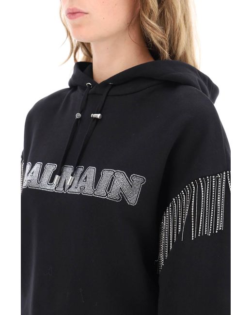 Balmain Black Colled Hoodie mit Strass -Logo und Kristallcupchains