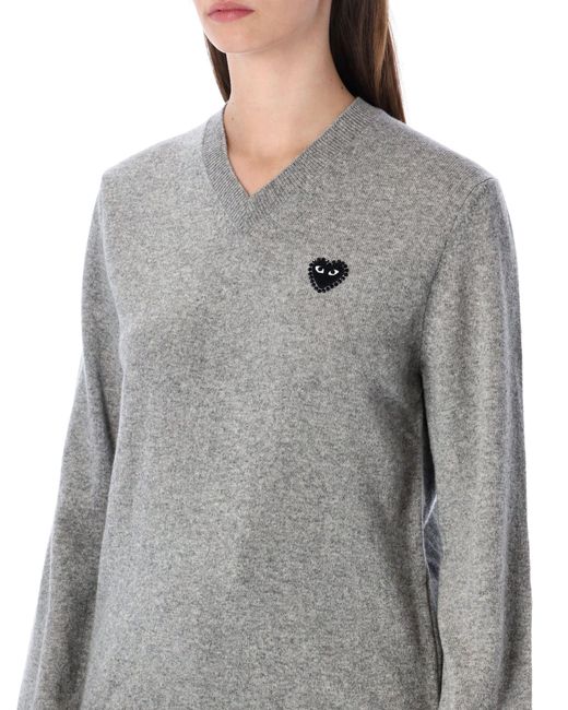 COMME DES GARÇONS PLAY Gray Wool V-Neck Sweater With Heart And Crystals for men