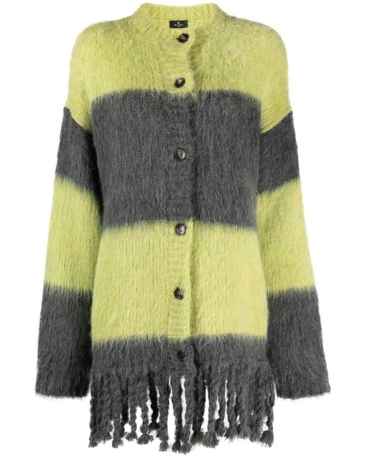 Etro Yellow Striped Wool-Blend Fringed Cardigan