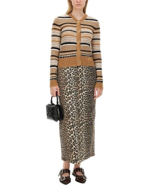 Ganni Natural Cardigan With Stripe Pattern