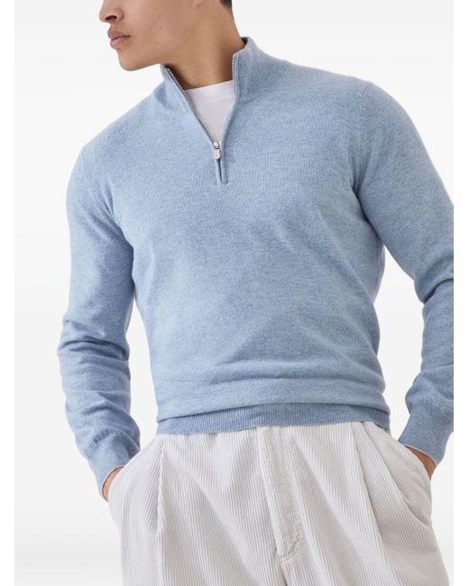 Brunello Cucinelli Blue Cashmere High-Neck Sweater for men