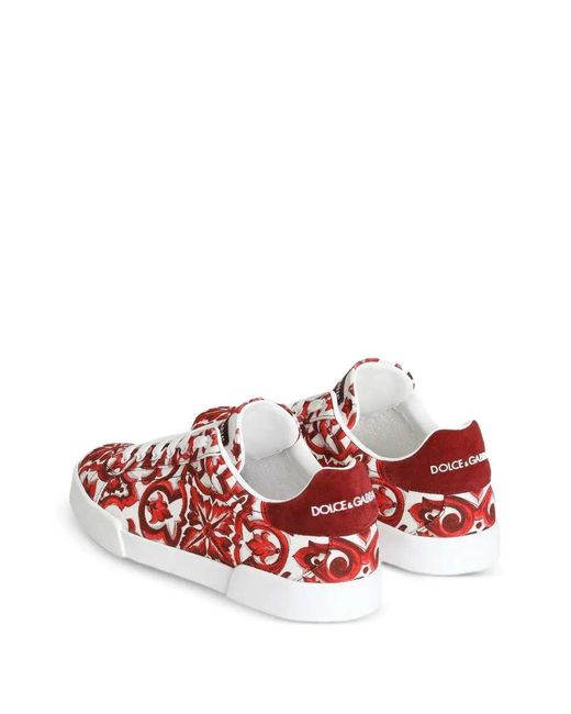 Dolce & Gabbana Red Dolce & Gabbana Portofino Canvas Sneakers With Majolica Print for men