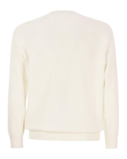 Brunello Cucinelli White Cotton Rib Sweater With Raglan Sleeve for men
