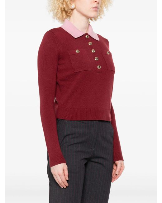Self-Portrait Red Burgundy Contrast Collar Knit Top