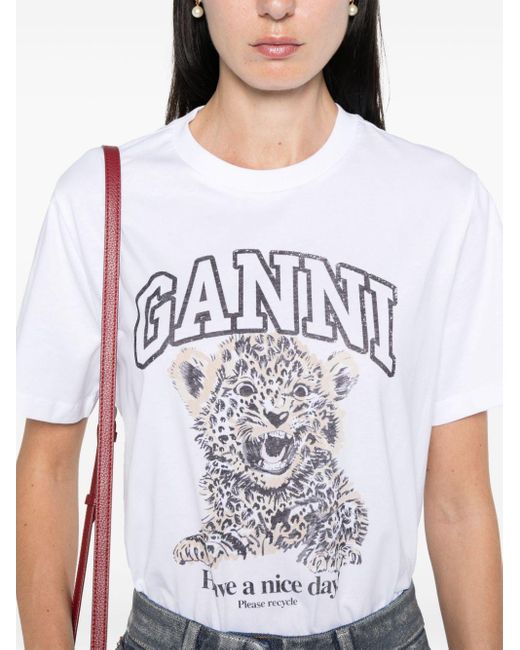 Ganni Jersey T-Shirt Met Luipaardprint in het White