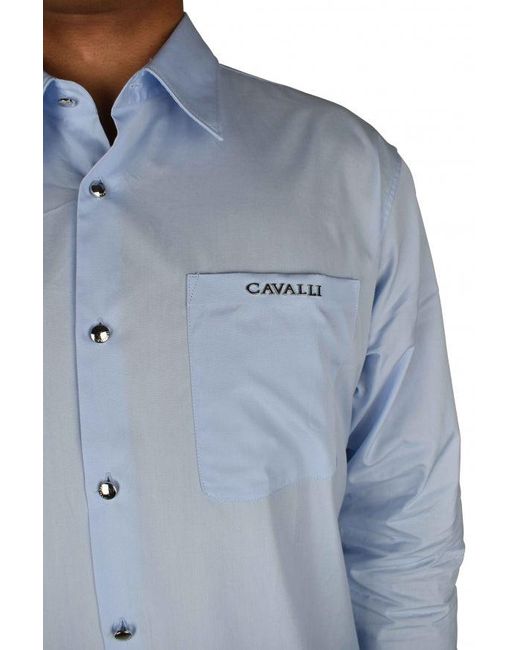 Roberto Cavalli Blue Light Cotton Shirt With Pointed Collar for men
