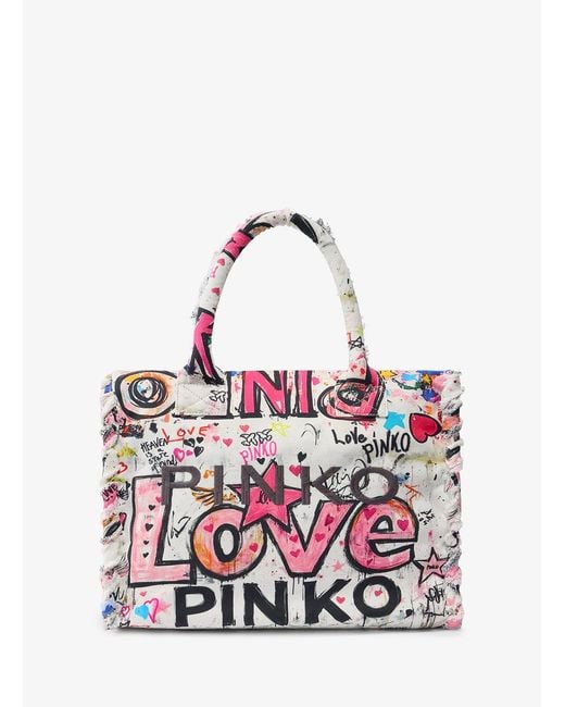 Pinko White Cotton Shopper Bag