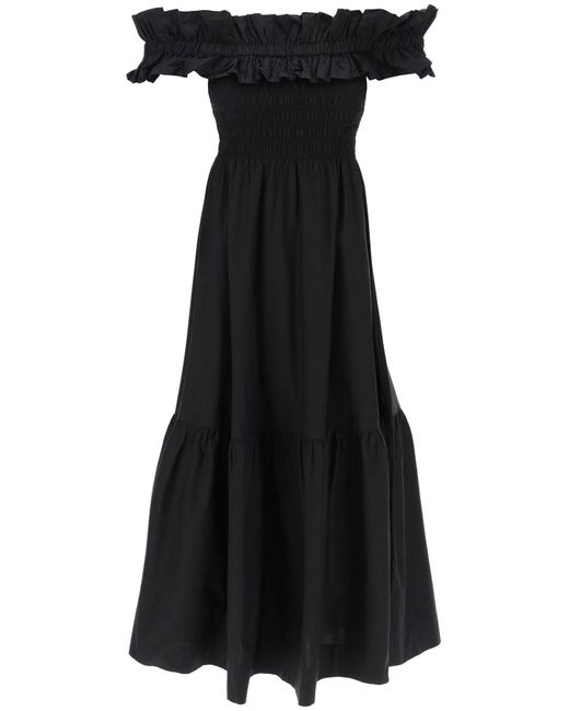 Ganni Flard Midi -jurk Met Off Zou Moeten in het Black
