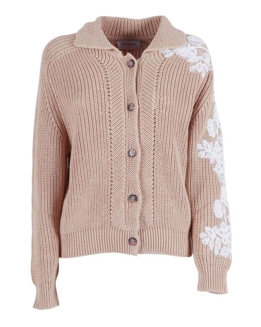 Ermanno Scervino Pink Lace-Patch Chunky-Knit Cardigan
