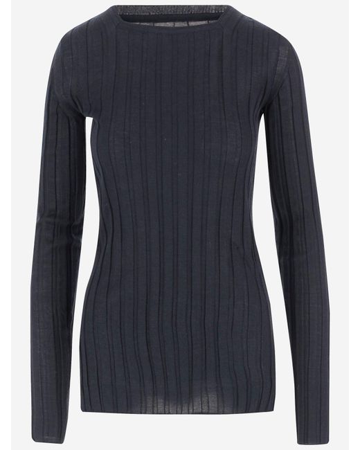 Carven Blue Gerippte Wolle und Seidenpullover