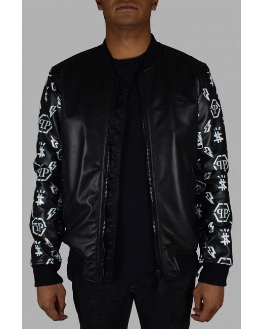 Philipp Plein Black Leather Bomber Jacket With Graphic Sleeves for men