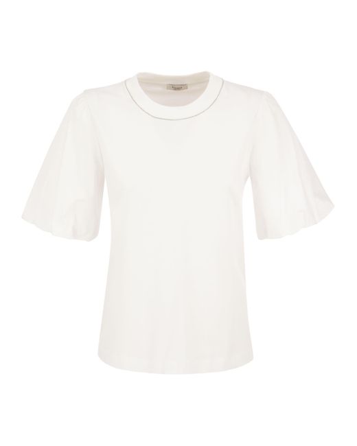 Peserico White Crew-neck T-shirt With Balloon Sleeves
