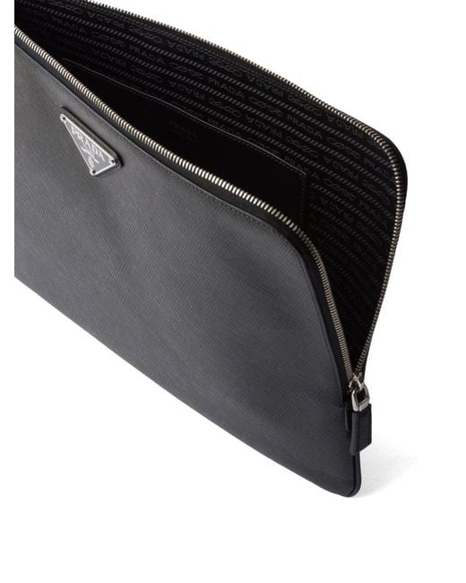 Prada Black Triangle-Logo Leather Clutch Bag for men