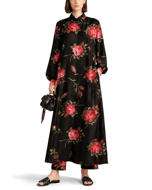 Dolce & Gabbana Red Rose Bouquet Print Twill Long Dress