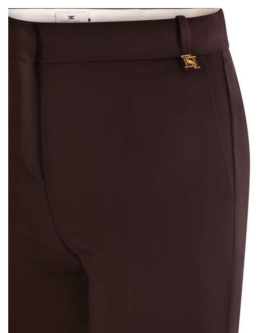 Elisabetta Franchi Brown Lightweight Crepe Trousers With Charm Logo