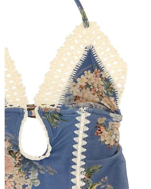 Zimmermann Blue Plunging Neckline Swimsuit With Lace Trim