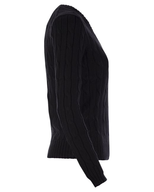Polo Ralph Lauren Black Plaited Cotton V-Neck Sweater Sweater