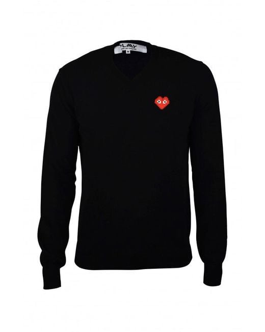Comme des Garçons Black V-Neck Wool Sweater With Iconic Heart Emblem for men