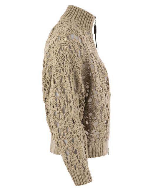 Brunello Cucinelli Brown Weiche Feder Baumwollspitzenstich -Strickjacke mit kostbarem Reißverschlusszug
