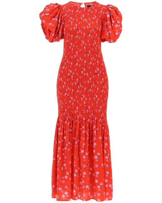 ROTATE BIRGER CHRISTENSEN Roteer Bloemengedrukte Maxi -jurk Met Gepofte Mouwen In Satijnen Stof in het Red