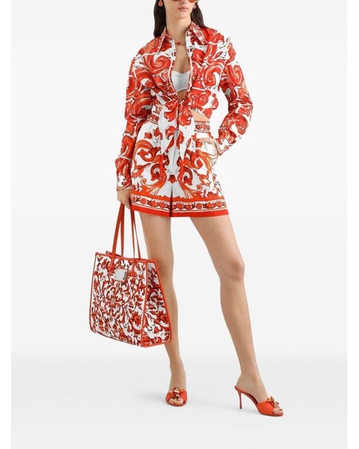 Dolce & Gabbana Red Dolce & Gabbana Poplin Shorts With Majolica Print