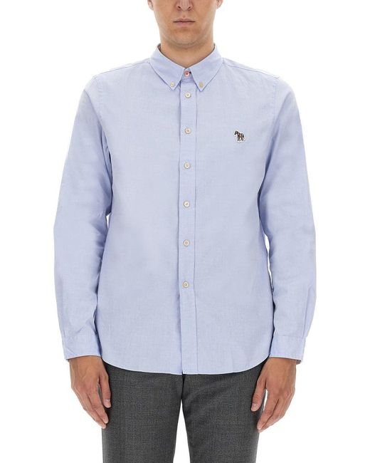 Paul Smith Blue Regular Fit Shirt With Classic Collar And Zebra Logo for men