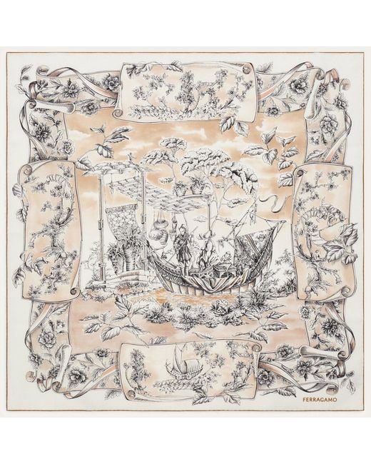 Ferragamo Natural Silk Scarf Voyage Print