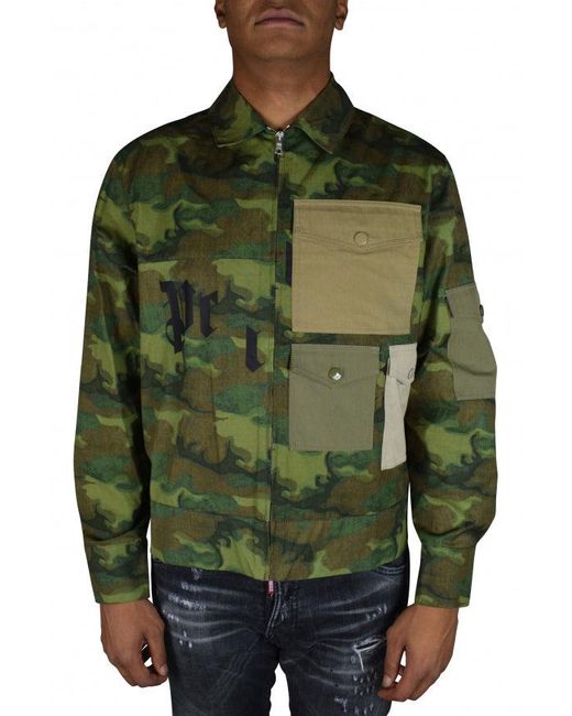 Palm Angels Green Military Camouflage Jacket With Classic Collar