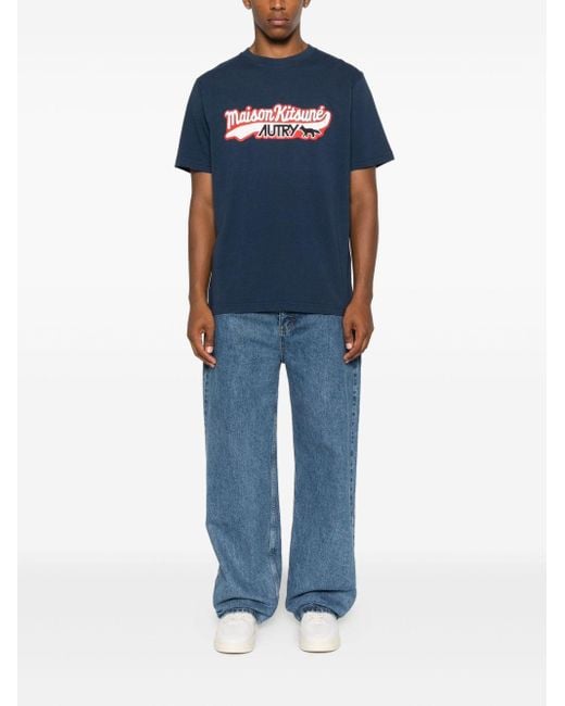Autry X Maison Kitsune Blue Logo Cotton T-Shirt for men