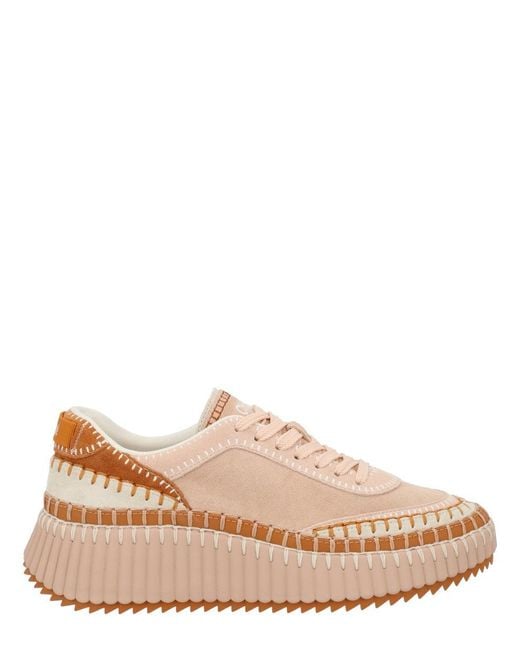 Chloé Pink Nama Embroidered Leather-Trimmed Suede Platform Sneakers