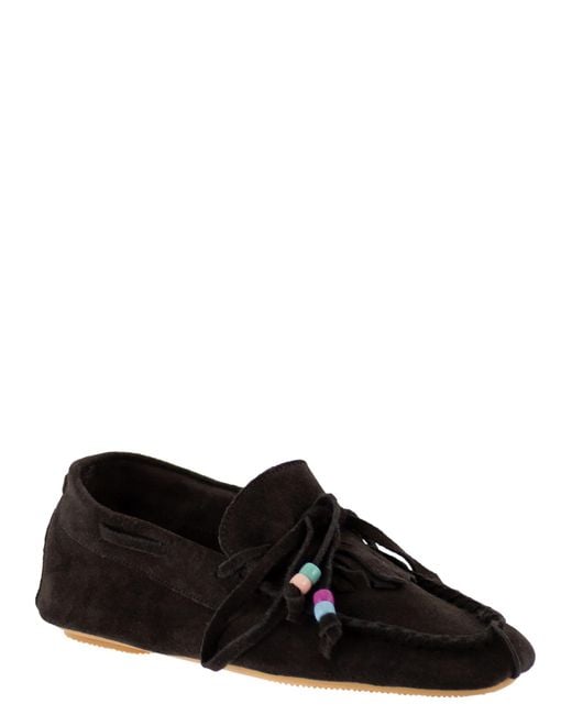 Anniel Black Suede Loafers With Fringes And Decorative Laces