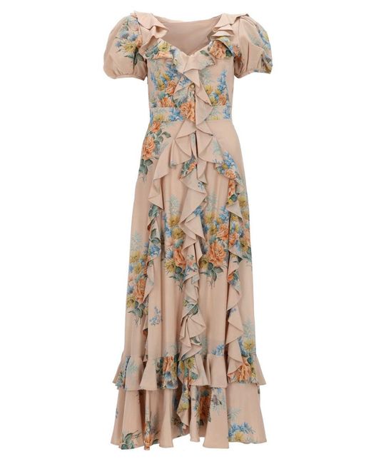 McQueen Metallic Floral Print Ruched Silk Dress
