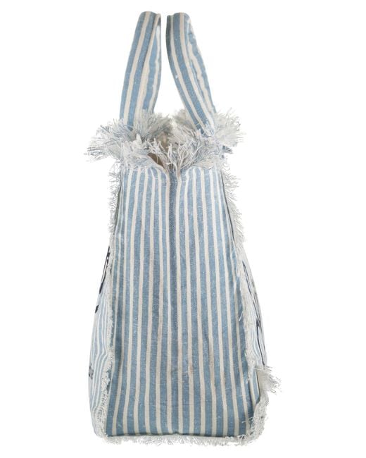 Mc2 Saint Barth Blue Striped Linen Beach Tote Bag With Printed Logo