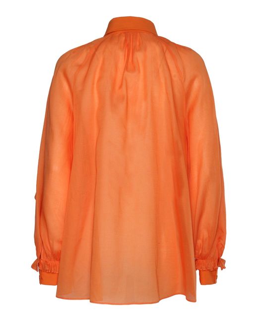 Alberta Ferretti Orange Ruffled Cotton Shirt With Billowy Sleeves