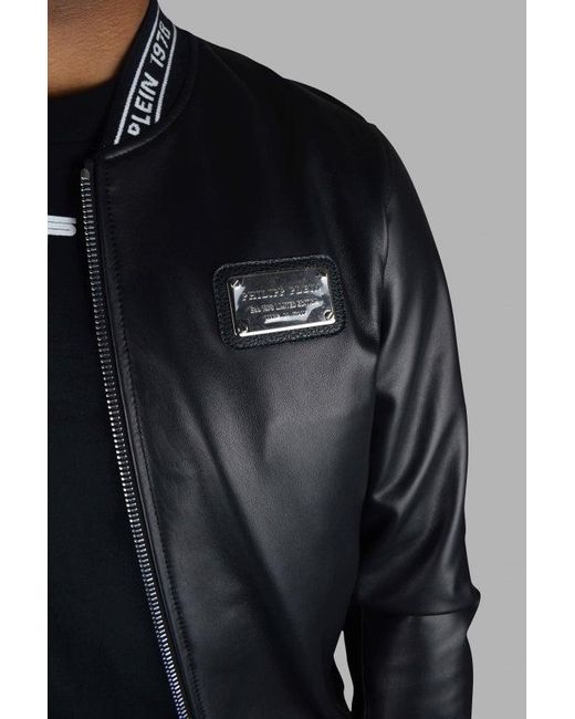Philipp Plein Black Leather Bomber Jacket With Logo Accents
