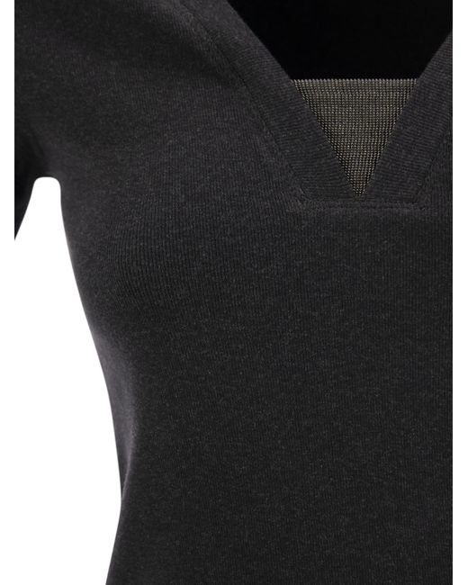 Brunello Cucinelli Black Stretch Cotton Rib Jersey T -Shirt mit kostbarem Einsatz