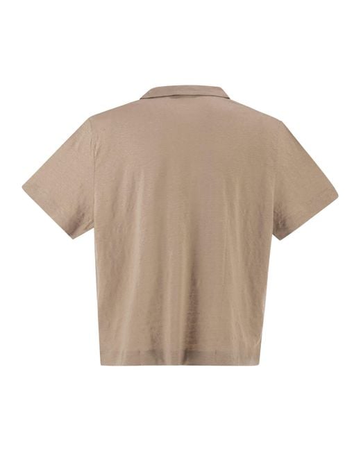 Majestic Natural Cropped Linen Stretch Polo With V Neck