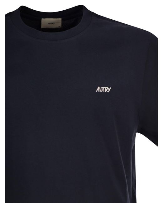 Autry Blue Cotton T-Shirt With Embroidered Logo for men