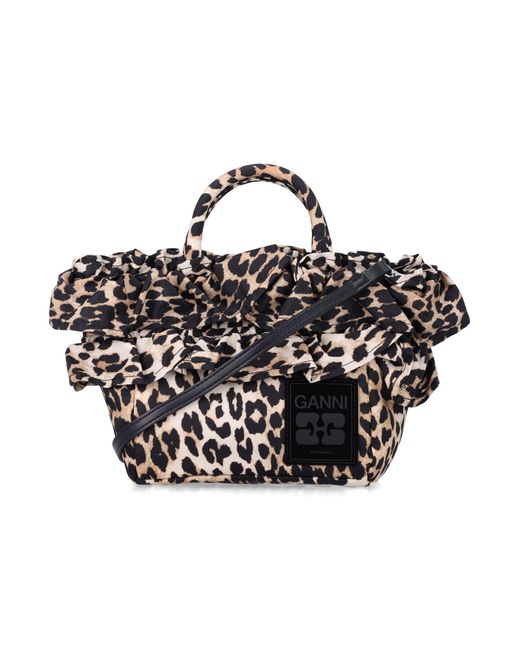 Ganni Black Leopard Mini Ruffled Shopper