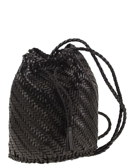 Dragon Black Pompom Double Jump Bucket Bag With Woven Leather
