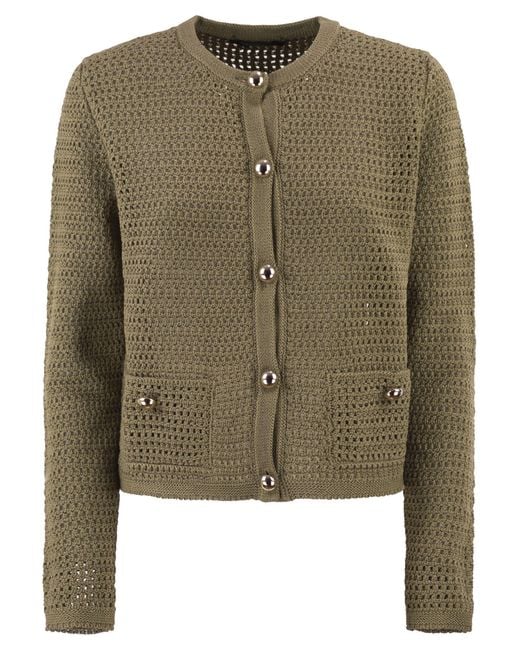 Fabiana Filippi Green Openwork Knitted Cotton Cardigan With Jewelled Buttons