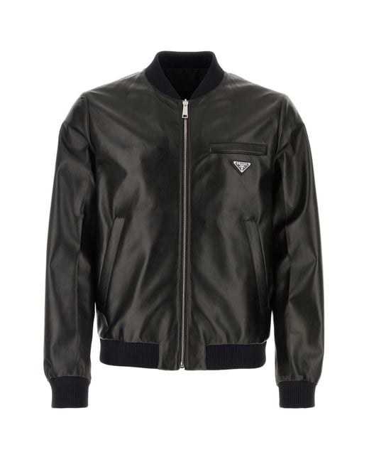 Prada Black Nappa Leather Reversible Bomber Jacket