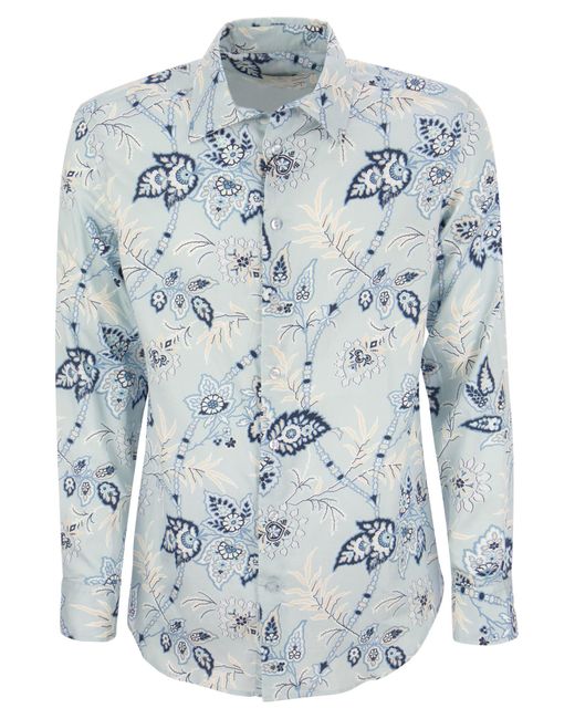 Etro Blue Jacquard Shirt With Floral Pattern