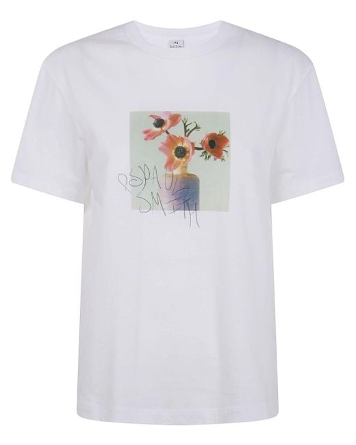 Paul Smith White T-Shirt mit Blumen-Print