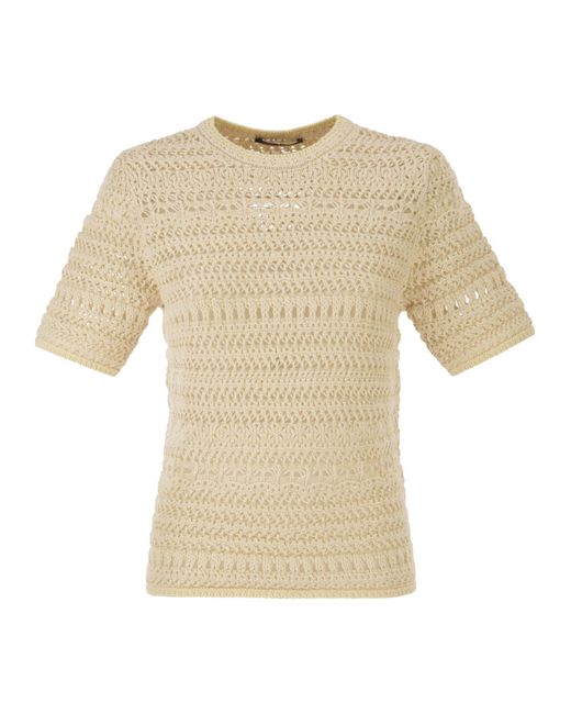 Fabiana Filippi Natural Kurzärmliger Pullover von mit ausgefallenem Häkelstich und Pailletten