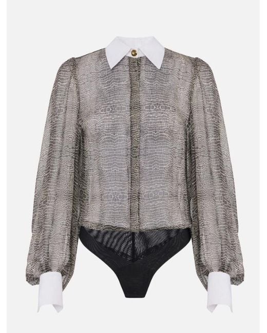 Elisabetta Franchi Gray Python Bodysuit With Collar